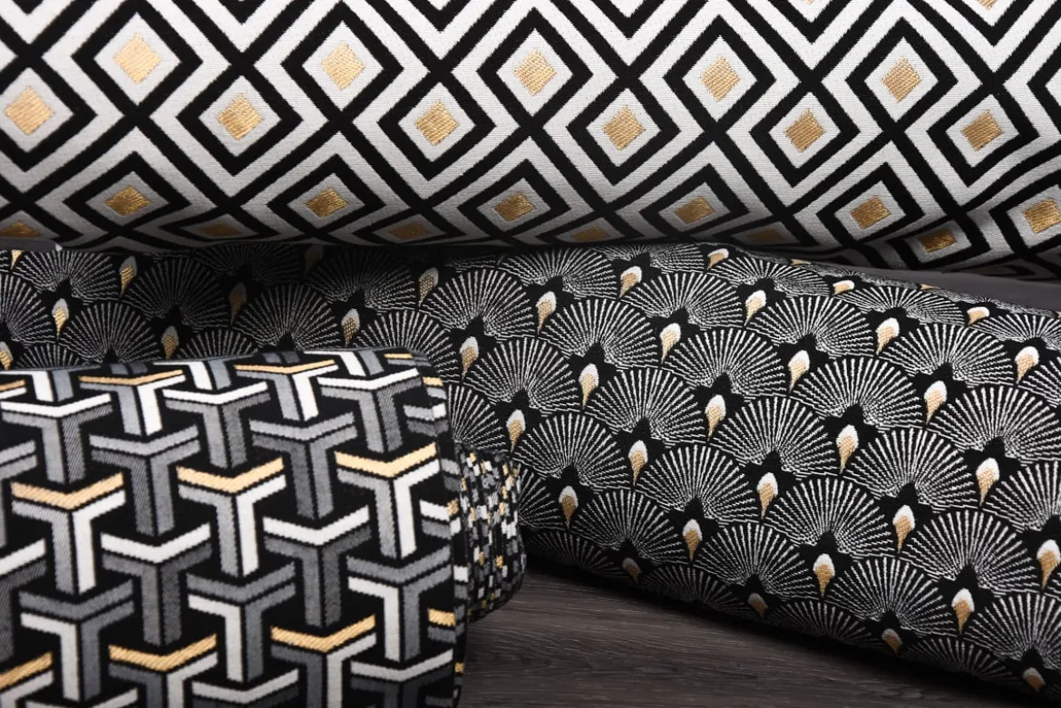 SCHÖNER LEBEN. Tischdecke Jacquard grafisch T schwarz weiß goldfarbig eckig in div. Größen