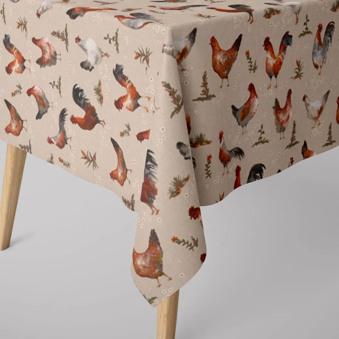 SCHÖNER LEBEN. Tischdecke Leinenlook Chicken Farm Hühner natur braun verschiedene Größen