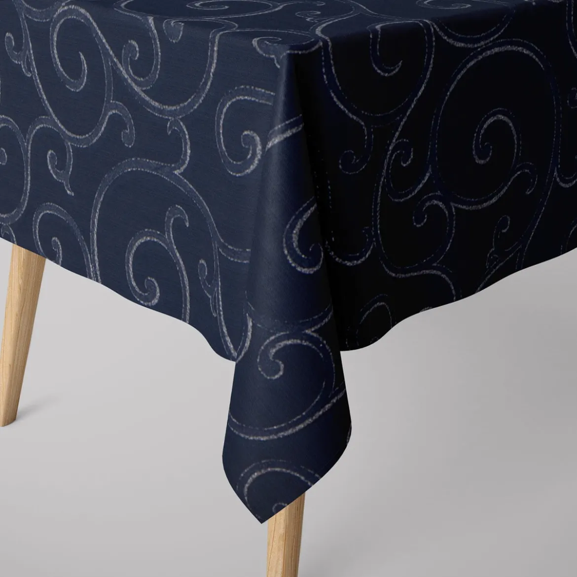 SCHÖNER LEBEN. Tischdecke Ornamente Schnörkel Lurex dunkelblau silberfarbig verschiedene Größen
