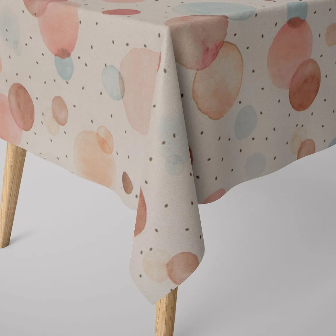 SCHÖNER LEBEN. Tischdecke wollweiß mit Kreisen Aquarell-Tupfen pastell verschiedene Größen