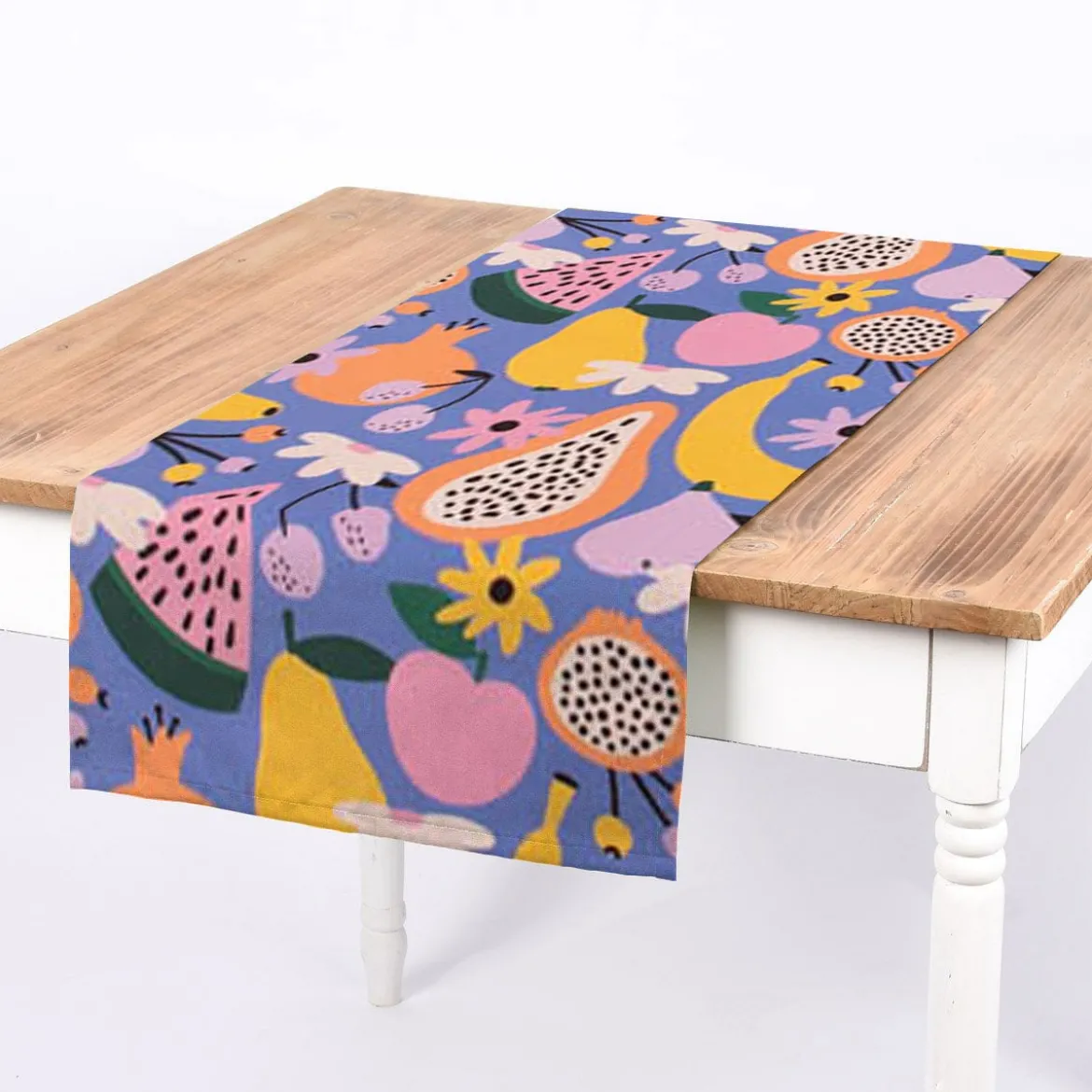 SCHÖNER LEBEN. Tischläufer aus Baumwolle Retro Pop Obst Blumen lila bunt 40x160cm
