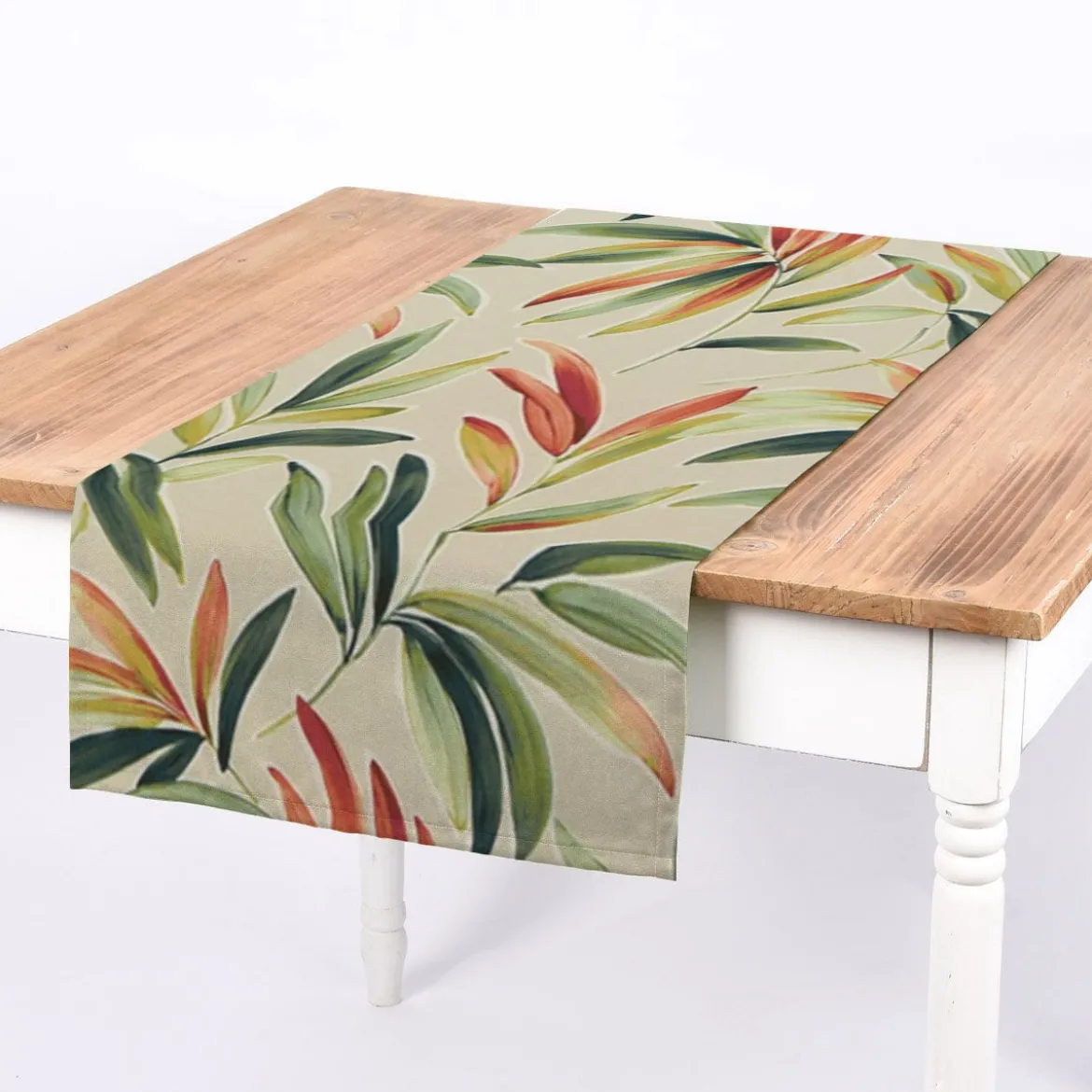 SCHÖNER LEBEN. Tischläufer Blätter Zweige beige grün rot 40x160cm