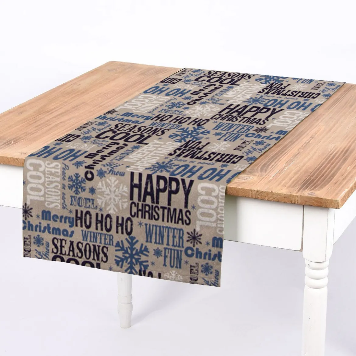 SCHÖNER LEBEN. Tischläufer Christmas Schriftzug natur weiß blau 40x160cm
