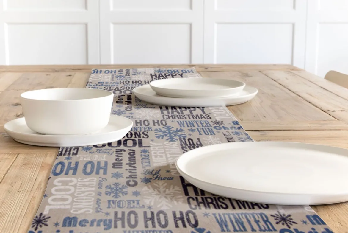 SCHÖNER LEBEN. Tischläufer Christmas Schriftzug natur weiß blau 40x160cm