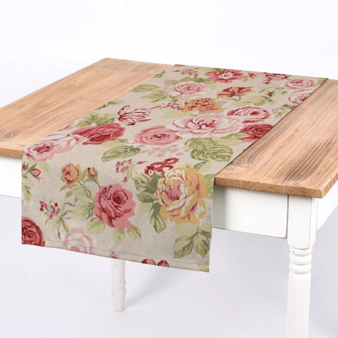 SCHÖNER LEBEN. Tischläufer Clarke & Clarke STUDIO G Blumen Rosen beige grün rot 40x160cm