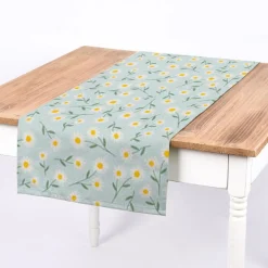 SCHÖNER LEBEN. Tischläufer Daisy Sweet Field Gänseblümchen Leinenlook hellblau oder natur weiß 40x160cm