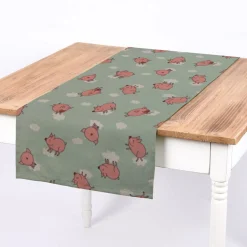 SCHÖNER LEBEN. Tischläufer Halbpanama Flying Pigs Schweinchen Wolken mint rosa weiß 40x160cm