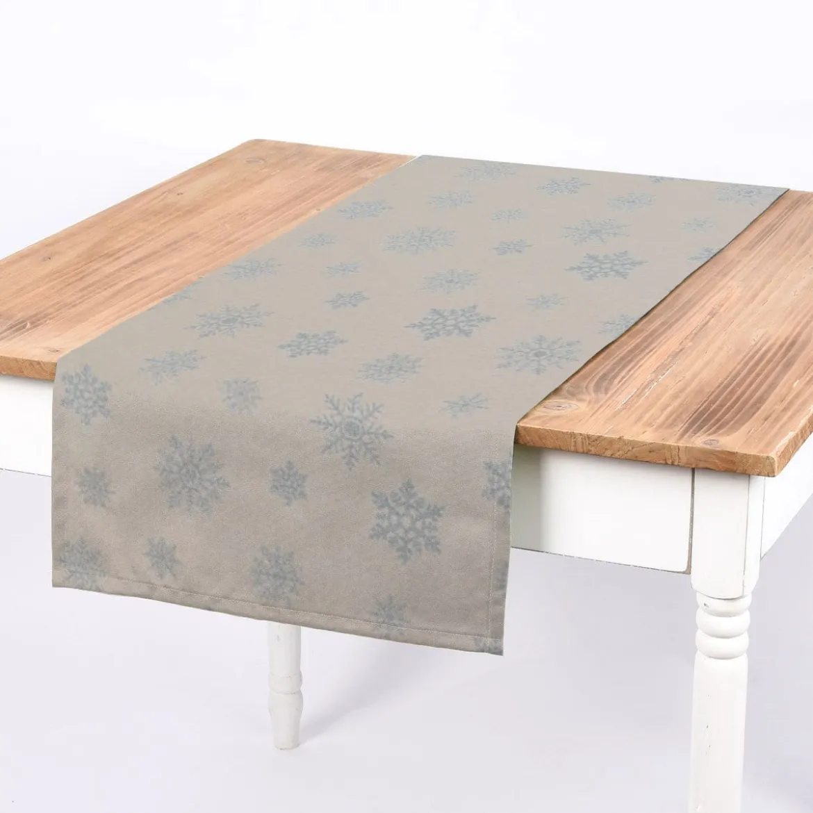 SCHÖNER LEBEN. Tischläufer Ice Star Schneeflocken Eiskristalle beige hellblau silberfarbig 40x160cm