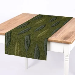 SCHÖNER LEBEN. Tischläufer Jacquard Art Déco Blätter Fächer grün dunkle Seite 40x160cm
