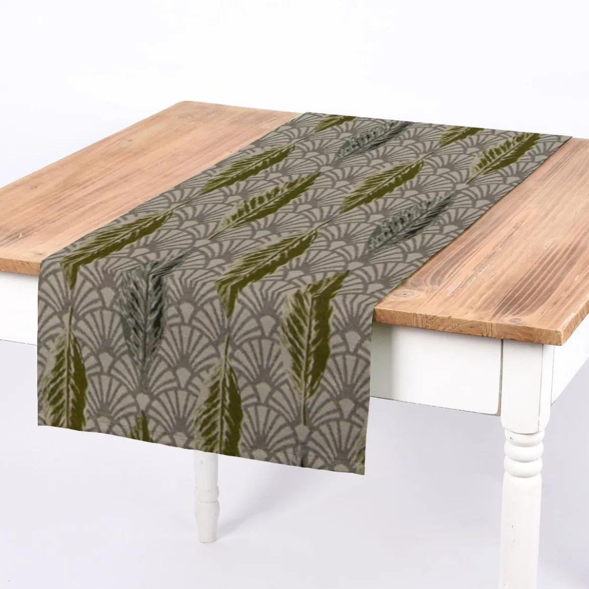 SCHÖNER LEBEN. Tischläufer Jacquard Art Déco Blätter Fächer creme grün 40x160cm