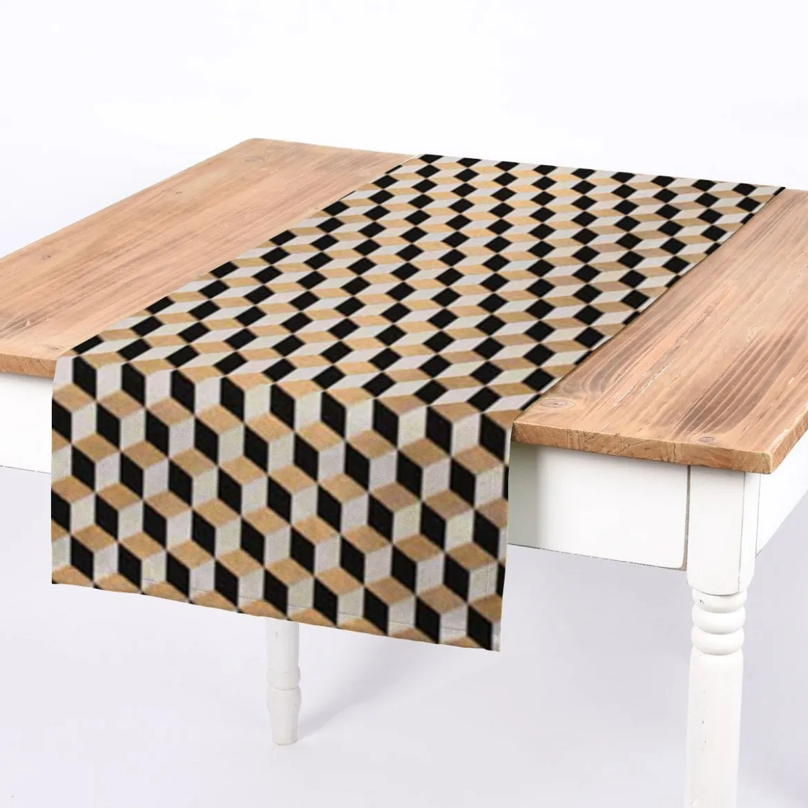 SCHÖNER LEBEN. Tischläufer Jacquard Metallic Cube Geometric Luxury 3D Würfel schwarz gold ecru 40x160cm