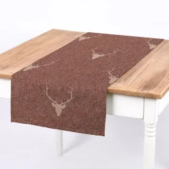 SCHÖNER LEBEN. Tischläufer Jacquard Hirschkopf mit Geweih rotbraun beige 40x160cm