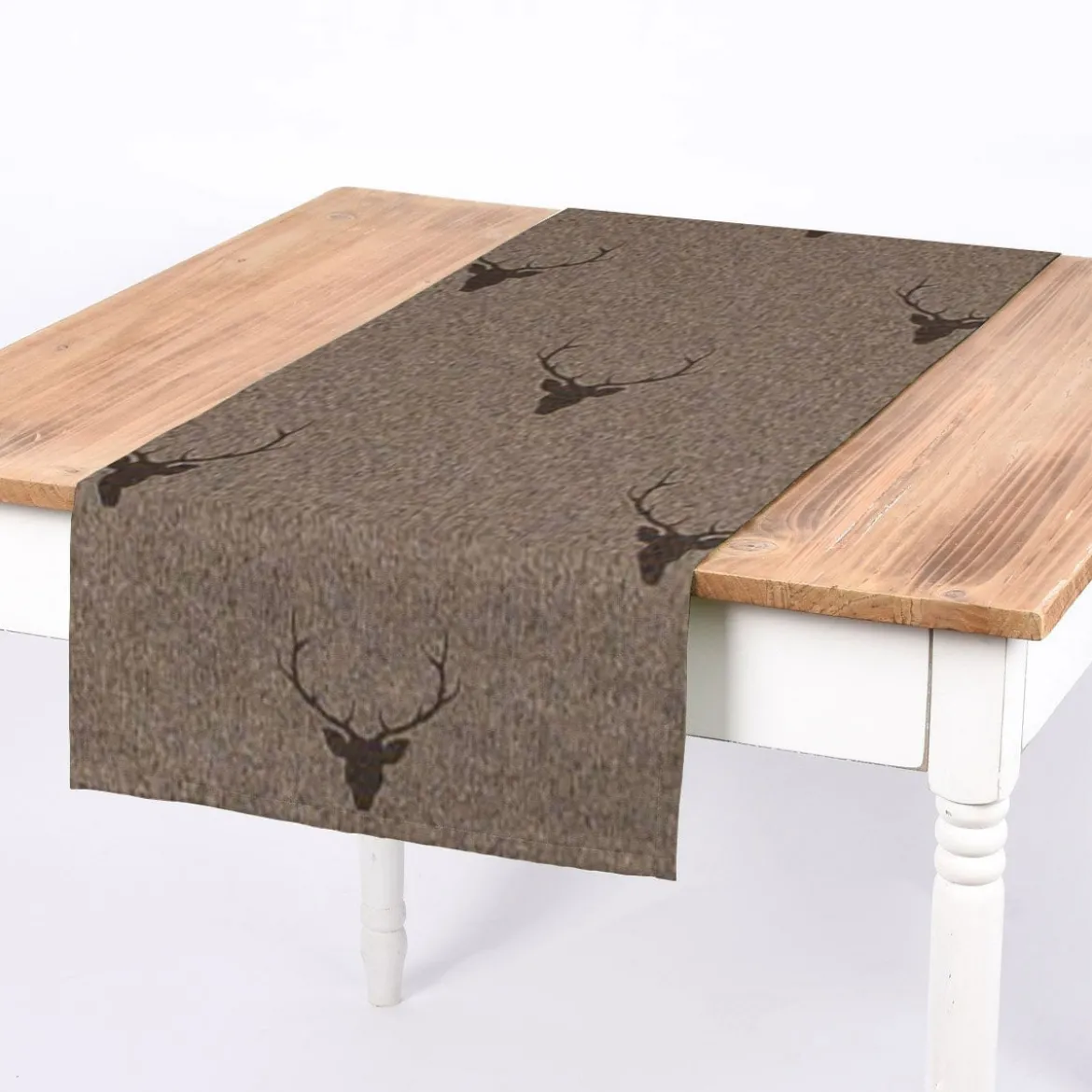 SCHÖNER LEBEN. Tischläufer Jacquard Hirschkopf mit Geweih braun dunkelbraun 40x160cm