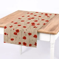 SCHÖNER LEBEN. Tischläufer Leinenlook Poppy Field Mohnblumen natur rot 40x160cm