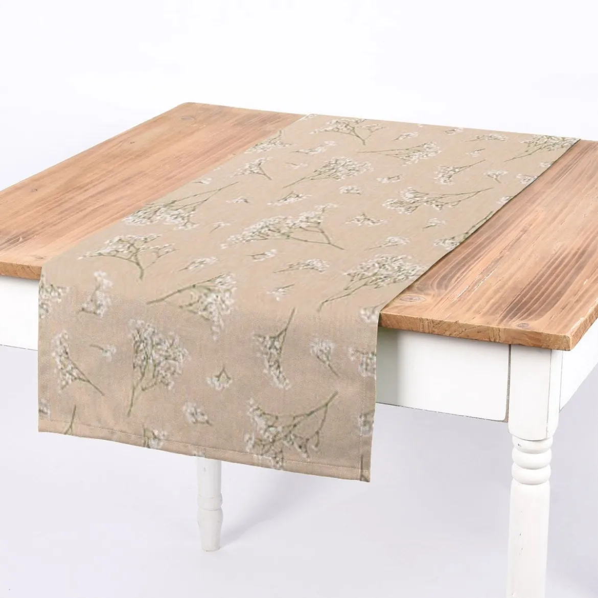 SCHÖNER LEBEN. Tischläufer Leinenlook Florist Elegant Schleierkraut natur weiß 40x160cm