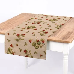 SCHÖNER LEBEN. Tischläufer Leinenlook Strawberrys Growing Erdbeeren natur rot grün 40x160cm