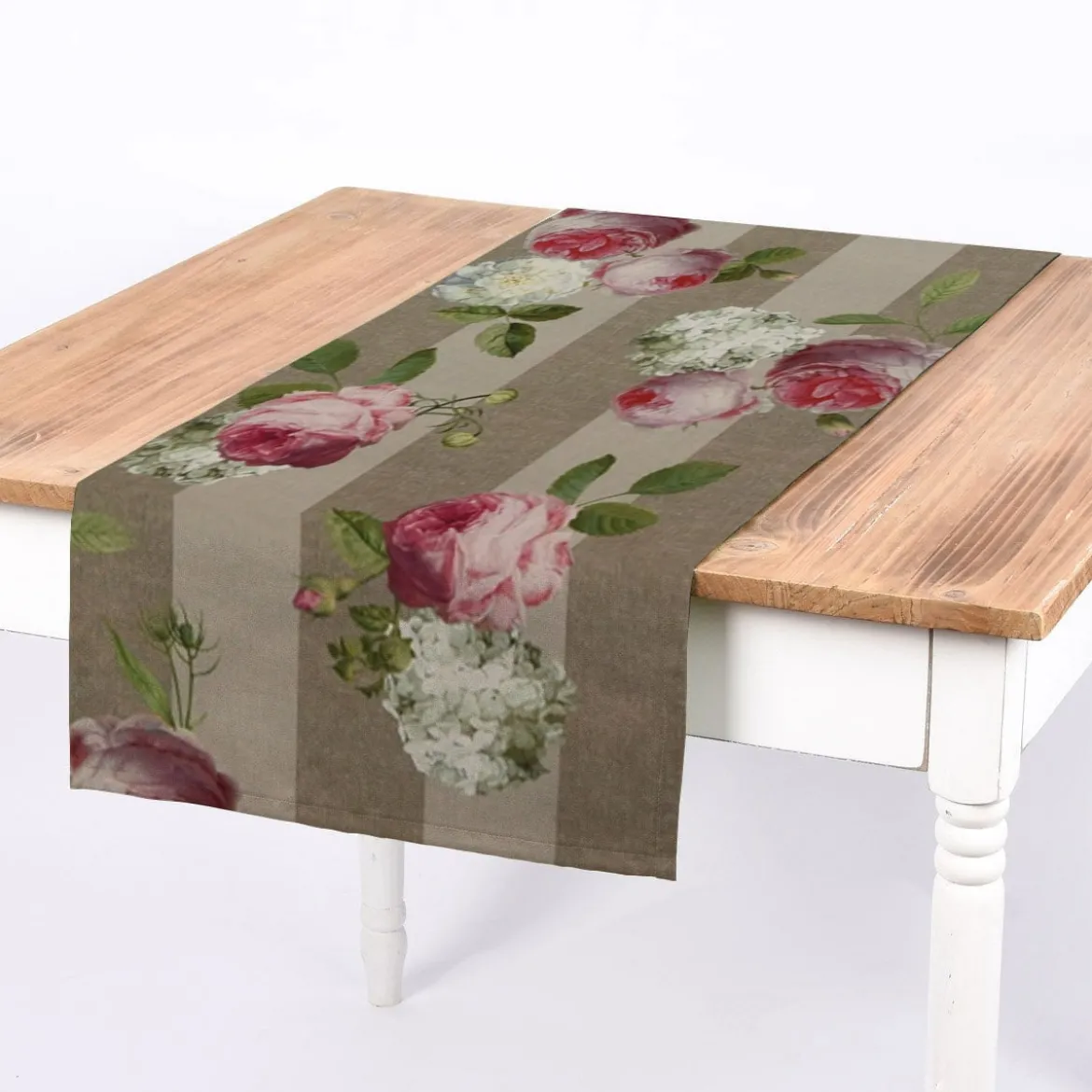 SCHÖNER LEBEN. Tischläufer Outdoor Streifen Hortensien Blätter hellgrau khaki grün pink weiß 40x160cm