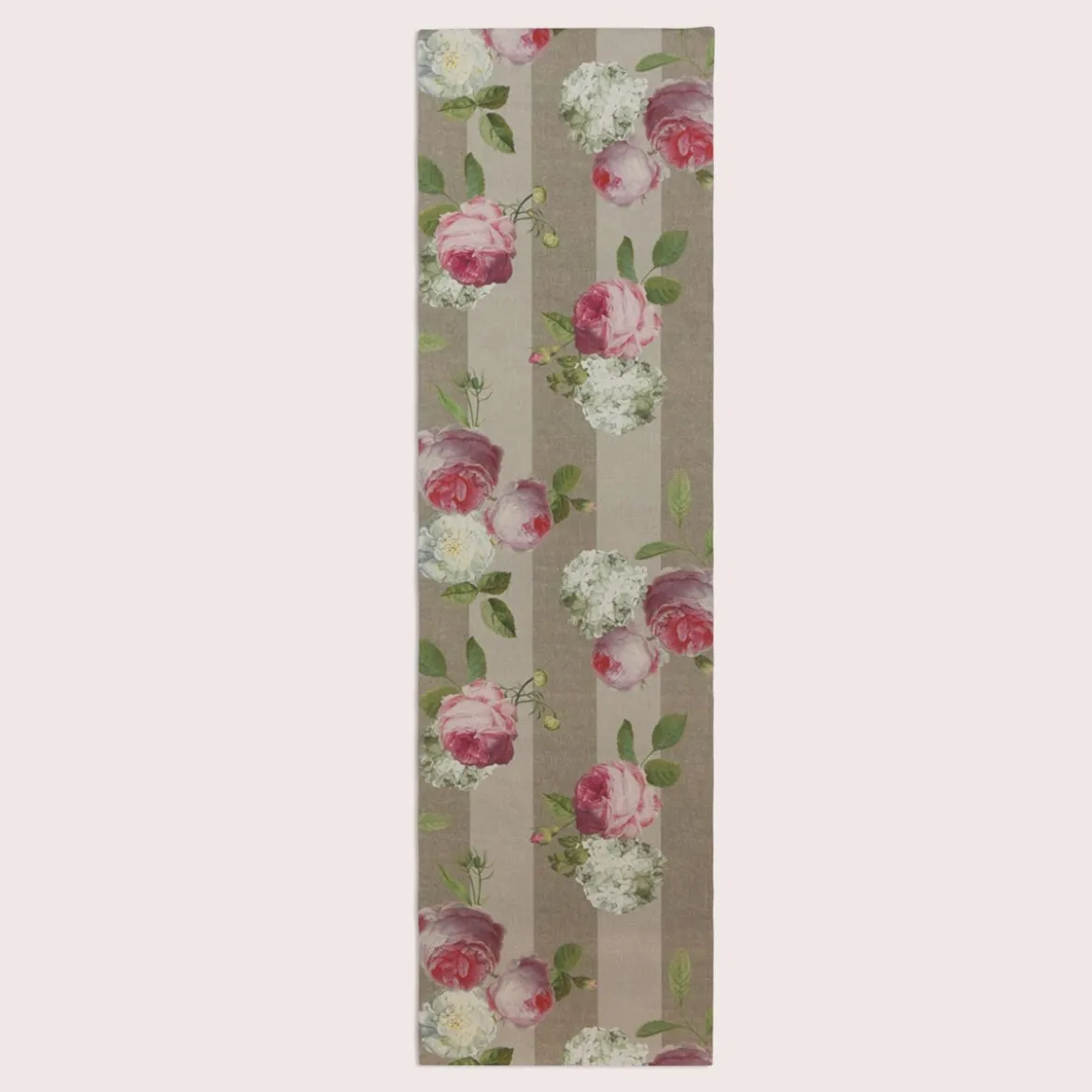 SCHÖNER LEBEN. Tischläufer Outdoor Streifen Hortensien Blätter hellgrau khaki grün pink weiß 40x160cm