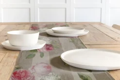 SCHÖNER LEBEN. Tischläufer Outdoor Streifen Hortensien Blätter hellgrau khaki grün pink weiß 40x160cm