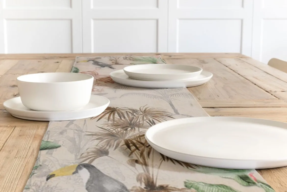 SCHÖNER LEBEN. Tischläufer Outdoor Palmen Papagei Flamingo beige bunt 40x160cm