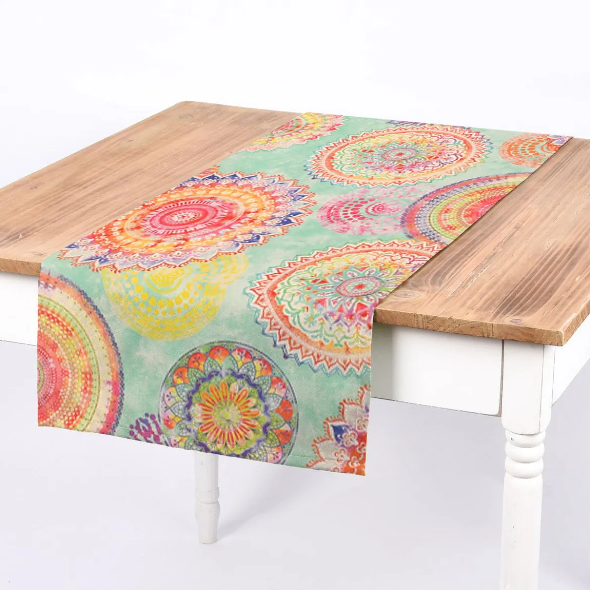 SCHÖNER LEBEN. Tischläufer Outdoor Mandala Watercolour mint bunt 40x160cm
