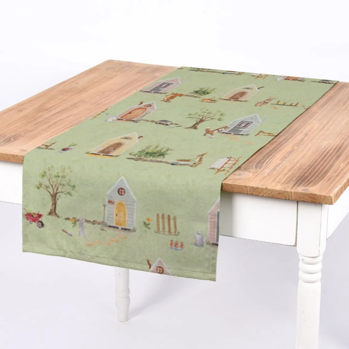 SCHÖNER LEBEN. Tischläufer Waldleben Haus Hase Fuchs grün braun 40x160cm