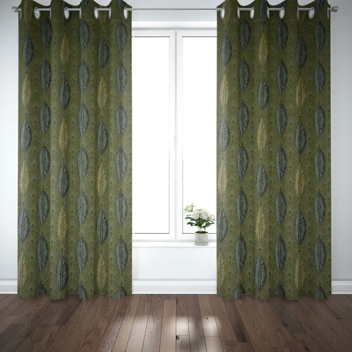 SCHÖNER LEBEN. Vorhang Art Déco Blätter Fächer grün creme 245cm oder Wunschlänge