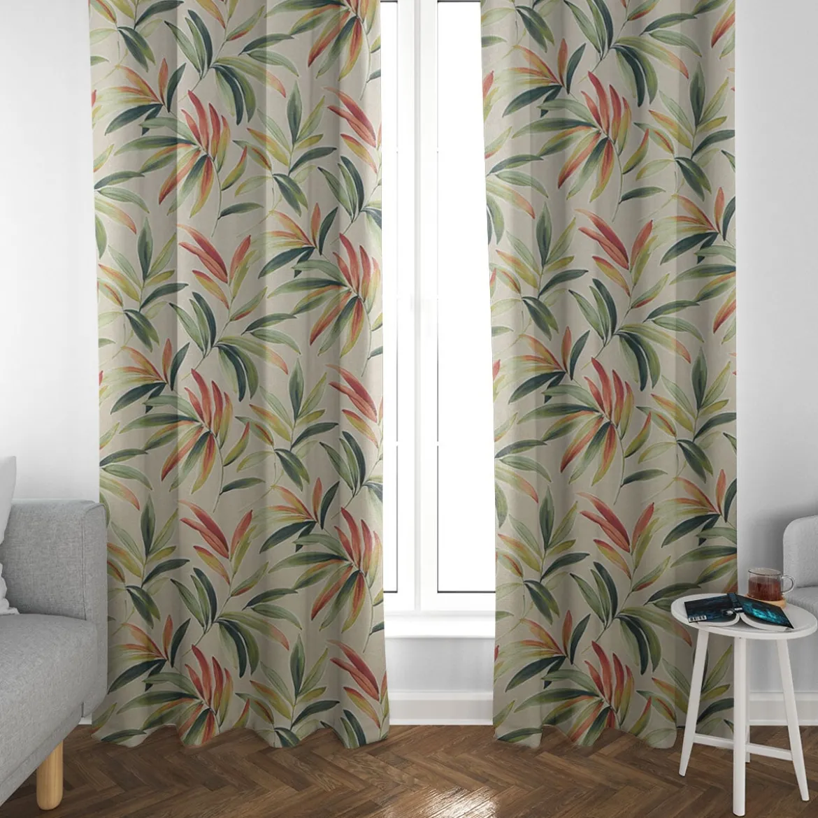 SCHÖNER LEBEN. Vorhang Blätter Zweige beige grün rot 245cm oder Wunschlänge