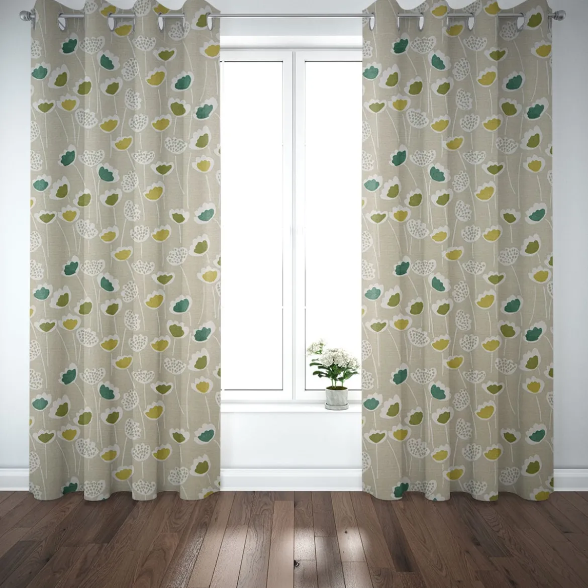 SCHÖNER LEBEN. Vorhang Clara Cactus Blumen grau grün 245cm oder Wunschlänge