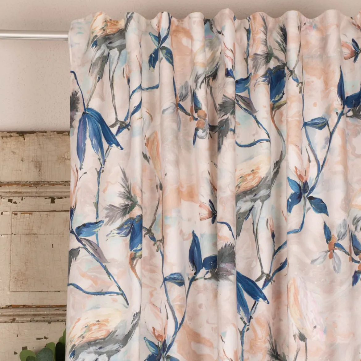 SCHÖNER LEBEN. Vorhang Cranebird Marble Kranich Aquarell Indigo Pastell 245cm oder Wunschlänge