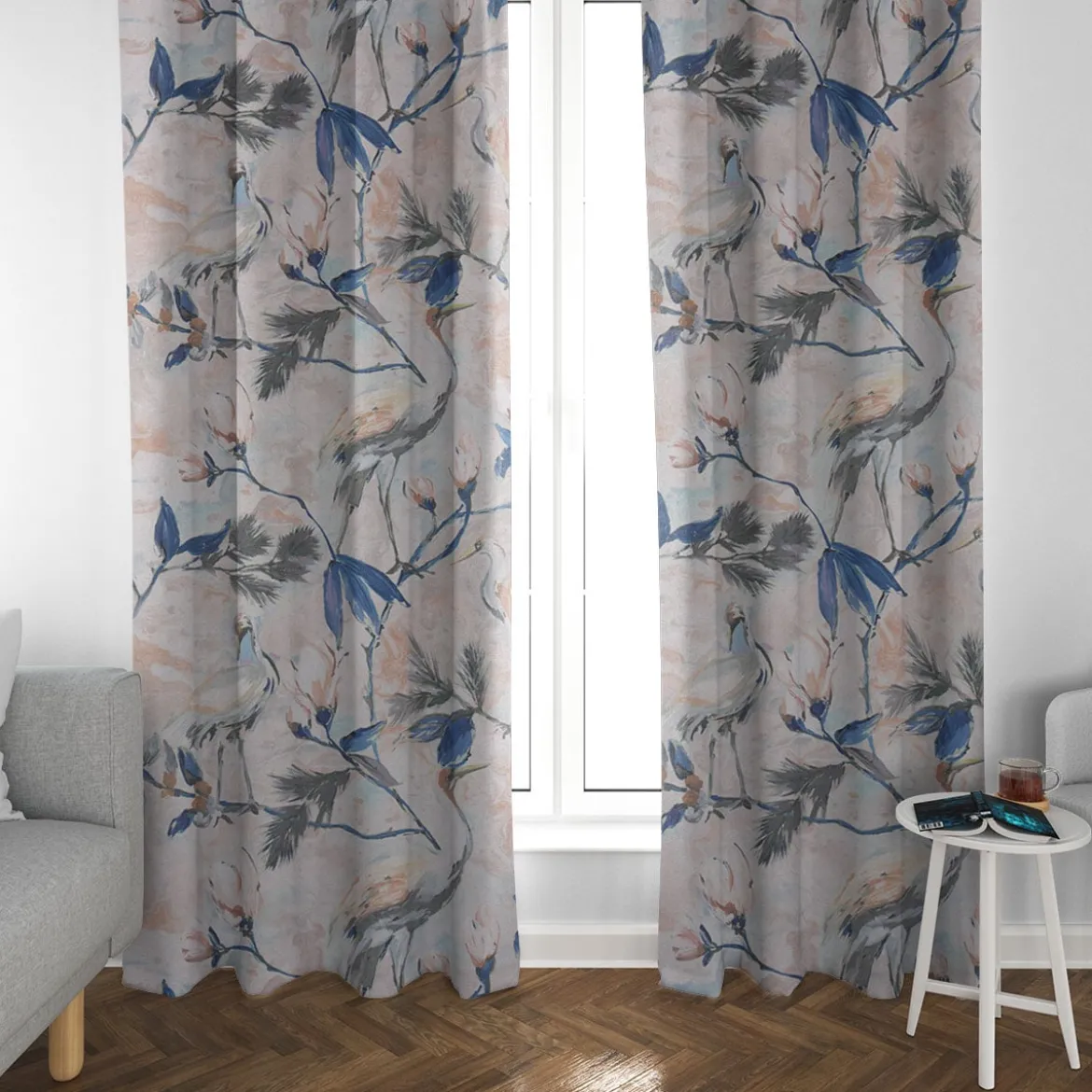 SCHÖNER LEBEN. Vorhang Cranebird Marble Kranich Aquarell Indigo Pastell 245cm oder Wunschlänge