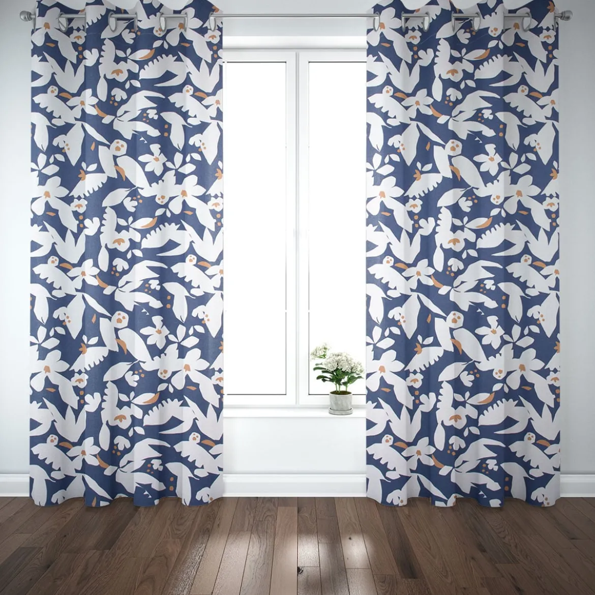 SCHÖNER LEBEN. Vorhang Ewazi Blätter Blumen abstrakt blau ecru 245cm oder Wunschlänge