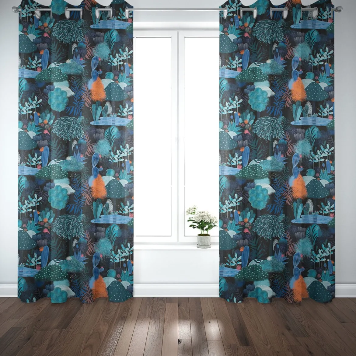 SCHÖNER LEBEN. Vorhang Fantasia Bäume Kakteen Pflanzen blau pink orange 245cm oder Wunschlänge