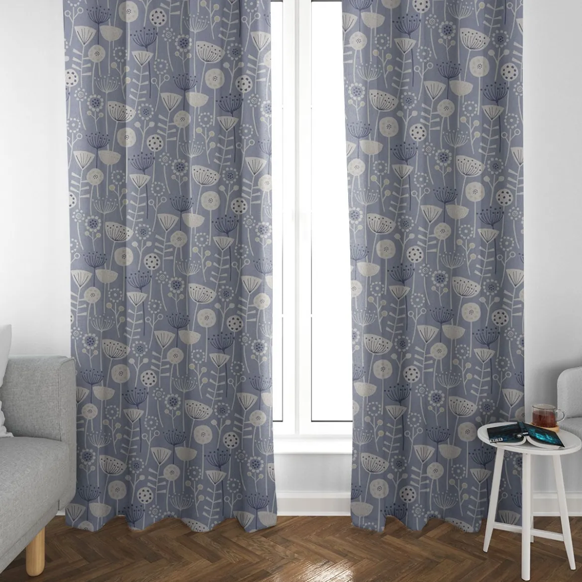 SCHÖNER LEBEN. Vorhang Fryett`s Halbpanama Blumen abstrakt blau 245cm oder Wunschlänge