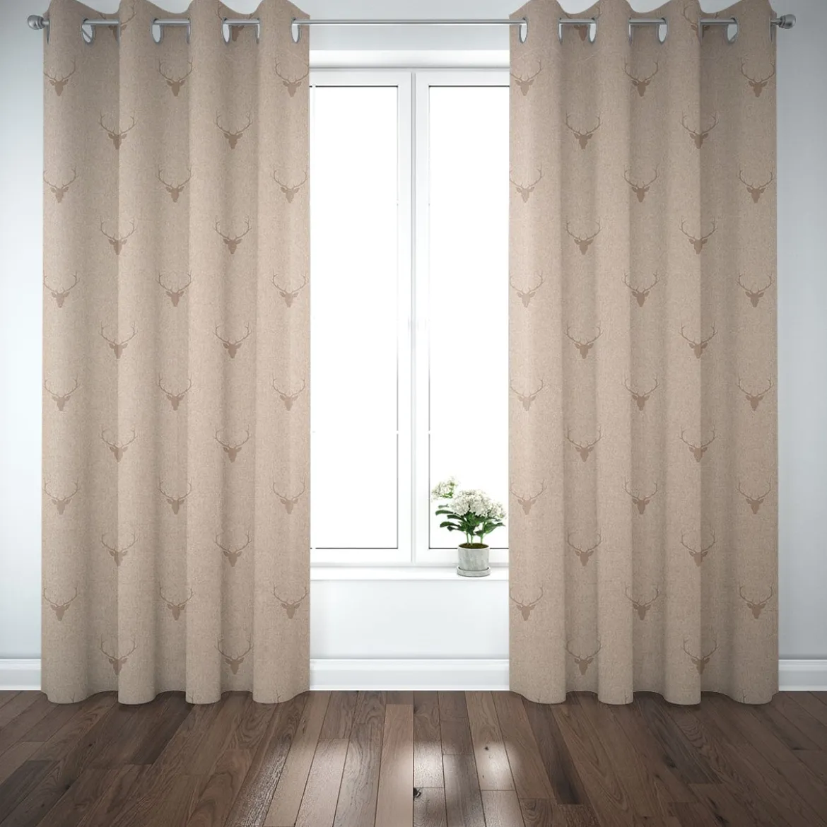 SCHÖNER LEBEN. Vorhang Jacquard Hirschkopf mit Geweih beige hellbraun 245cm oder Wunschlänge