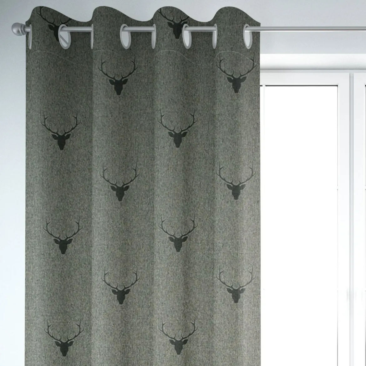 SCHÖNER LEBEN. Vorhang Jacquard Hirschkopf mit Geweih grün dunkelgrün 245cm oder Wunschlänge