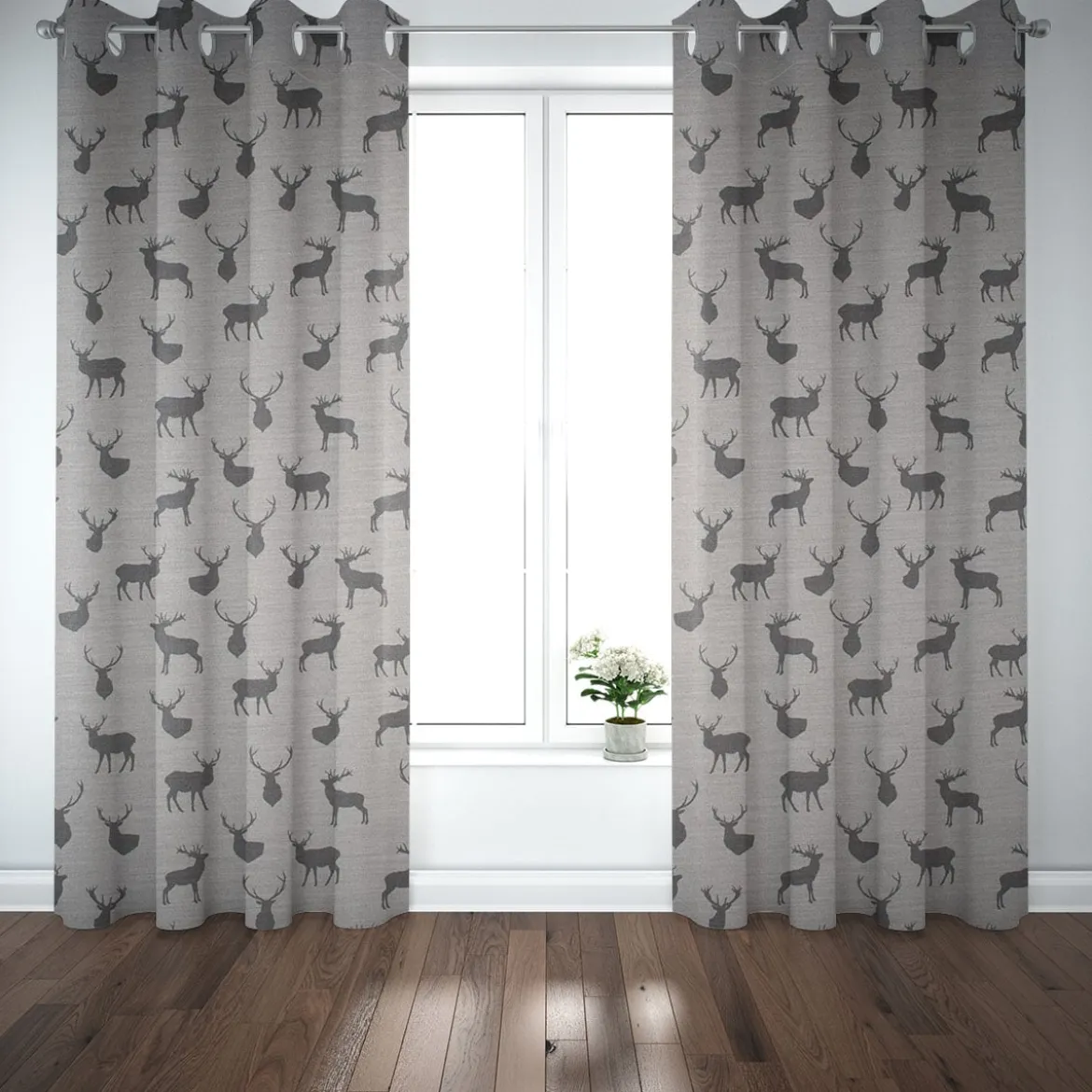SCHÖNER LEBEN. Vorhang Jacquard mit Hirschen hellgrau grau 245cm oder Wunschlänge