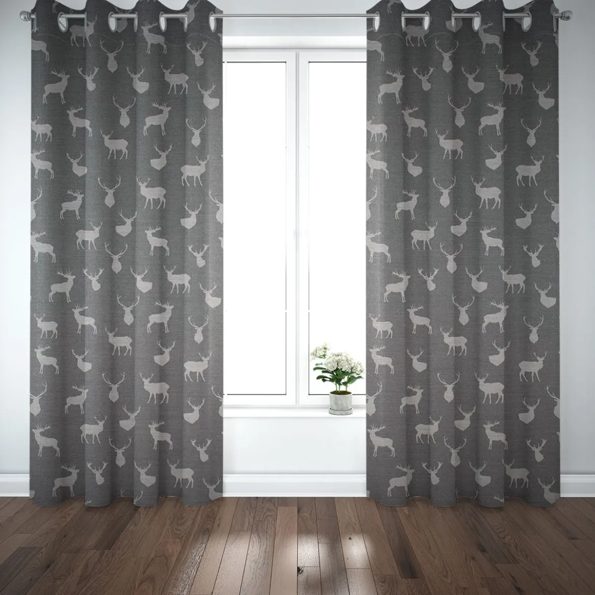 SCHÖNER LEBEN. Vorhang Jacquard mit Hirschen grau hellgrau 245cm oder Wunschlänge