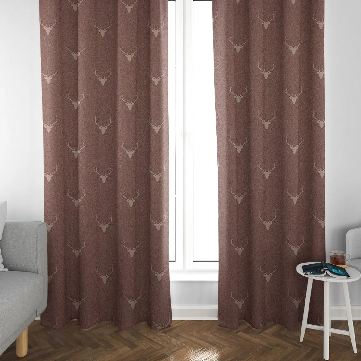 SCHÖNER LEBEN. Vorhang Jacquard Hirschkopf mit Geweih rotbraun beige 245cm oder Wunschlänge