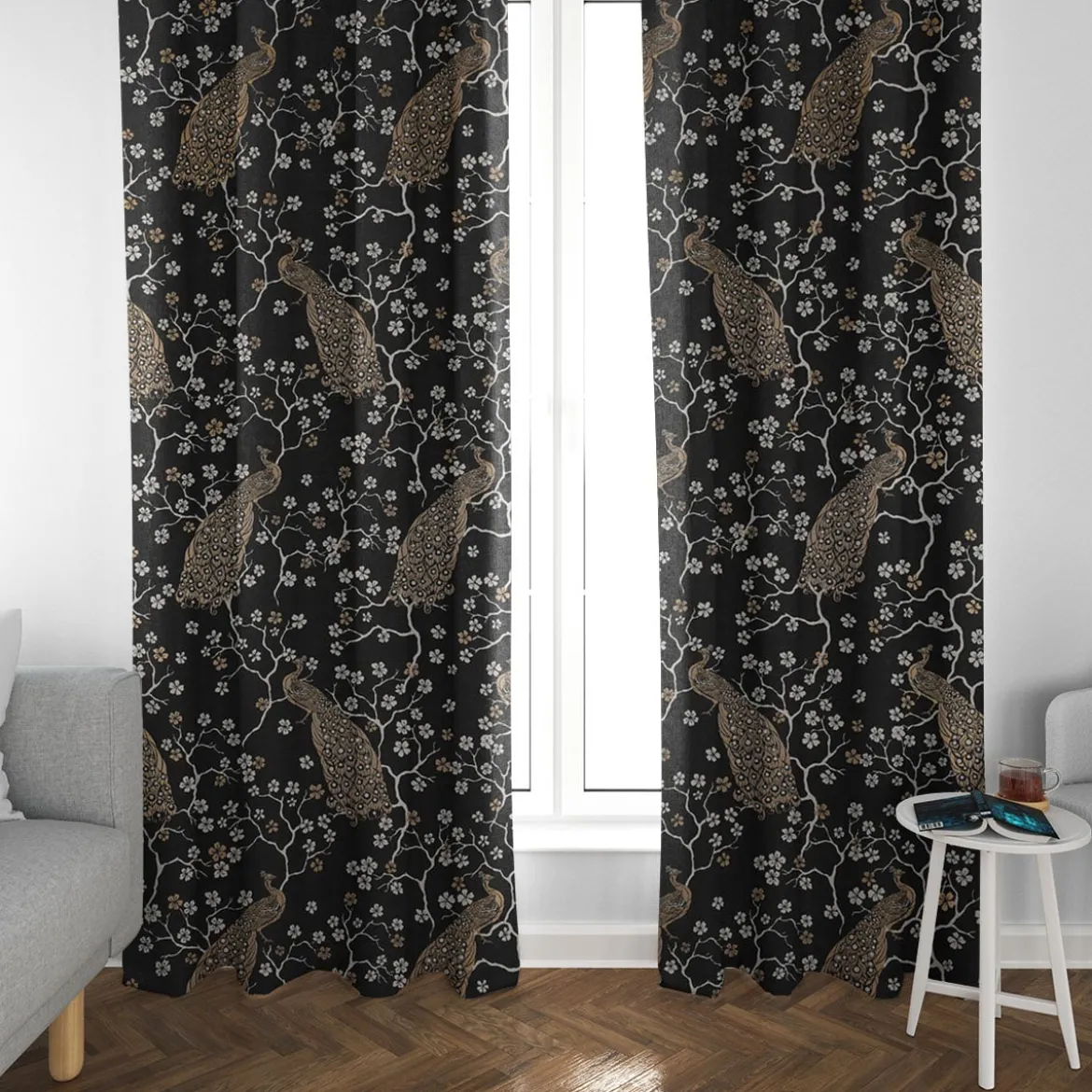 SCHÖNER LEBEN. Vorhang Jacquard Metallic Peacock Blossom Luxury Pfau Blüten schwarz gold ecru 245cm oder Wunschlänge