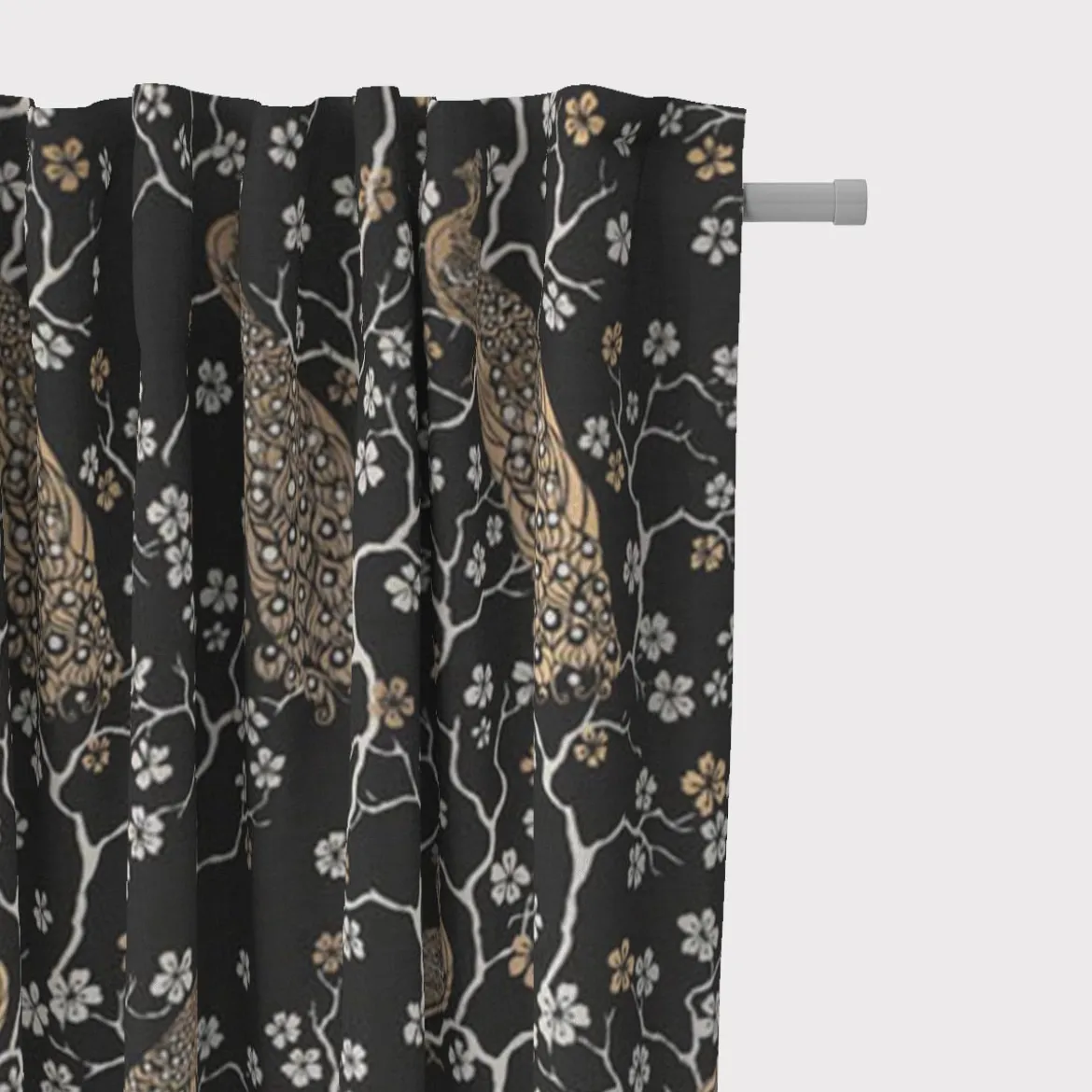 SCHÖNER LEBEN. Vorhang Jacquard Metallic Peacock Blossom Luxury Pfau Blüten schwarz gold ecru 245cm oder Wunschlänge