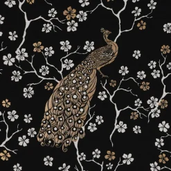 SCHÖNER LEBEN. Vorhang Jacquard Metallic Peacock Blossom Luxury Pfau Blüten schwarz gold ecru 245cm oder Wunschlänge