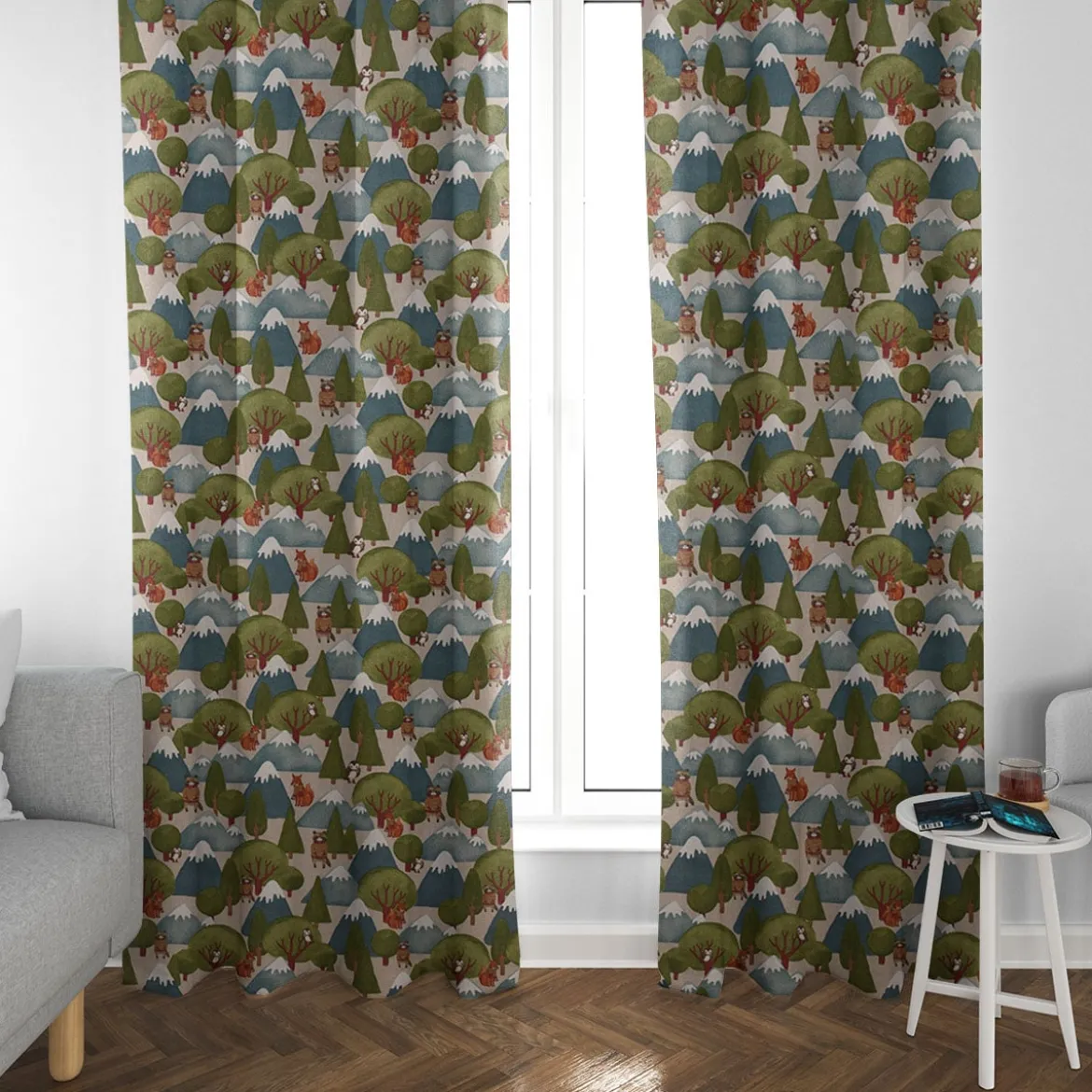 SCHÖNER LEBEN. Vorhang Leinenlook Wald Berge Wintertiere Fuchs Eule Waschbär natur grün blau 245cm oder Wunschlänge