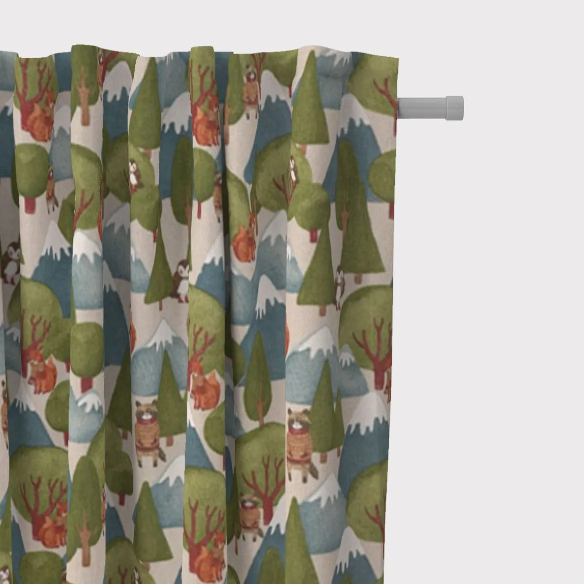 SCHÖNER LEBEN. Vorhang Leinenlook Wald Berge Wintertiere Fuchs Eule Waschbär natur grün blau 245cm oder Wunschlänge