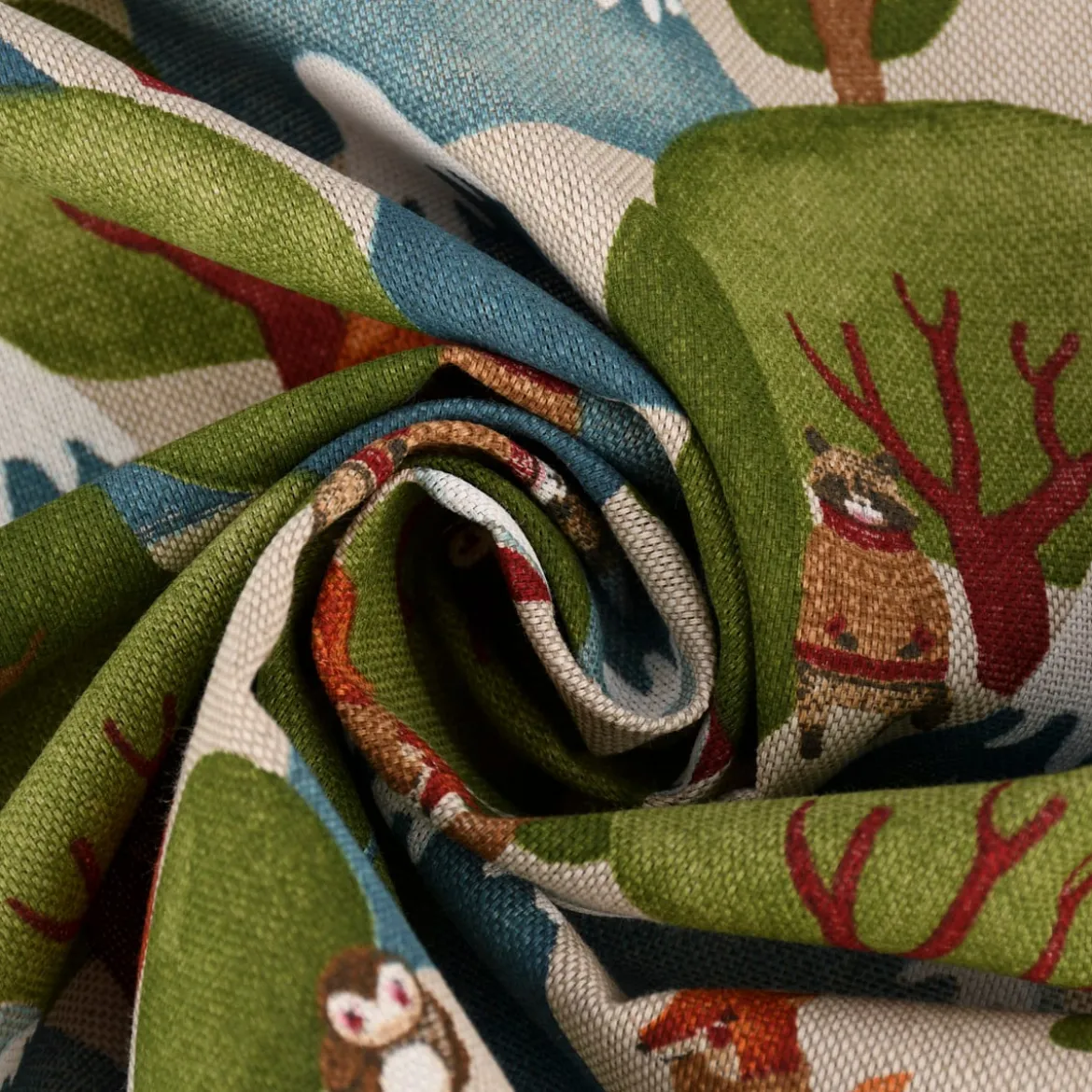 SCHÖNER LEBEN. Vorhang Leinenlook Wald Berge Wintertiere Fuchs Eule Waschbär natur grün blau 245cm oder Wunschlänge