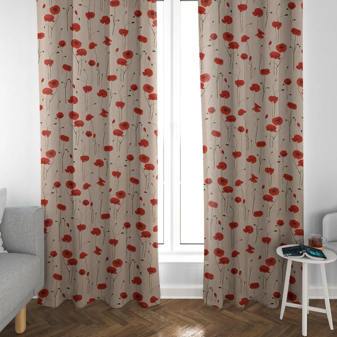 SCHÖNER LEBEN. Vorhang Leinenlook Poppy Field Mohnblumen natur rot 245cm oder Wunschlänge