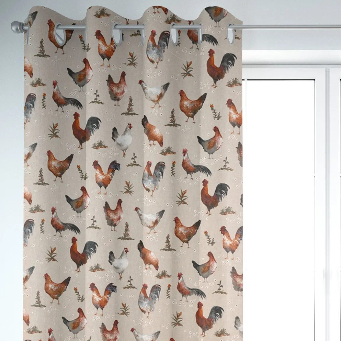 SCHÖNER LEBEN. Vorhang Leinenlook Chicken Farm Hühner natur braun 245cm oder Wunschlänge