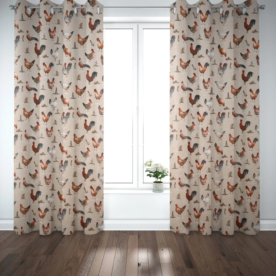 SCHÖNER LEBEN. Vorhang Leinenlook Chicken Farm Hühner natur braun 245cm oder Wunschlänge