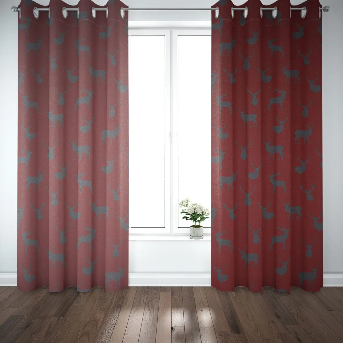 SCHÖNER LEBEN. Vorhang mit Hirschen rot grau 245cm oder Wunschlänge