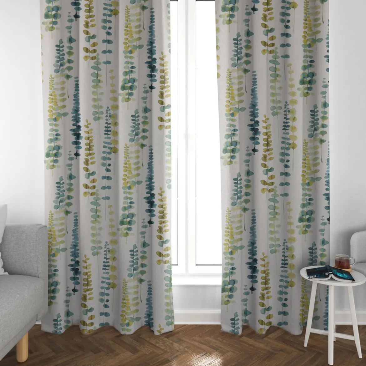 SCHÖNER LEBEN. Vorhang Ranken Blätter Aquarell weiß grün blau 245cm oder Wunschlänge